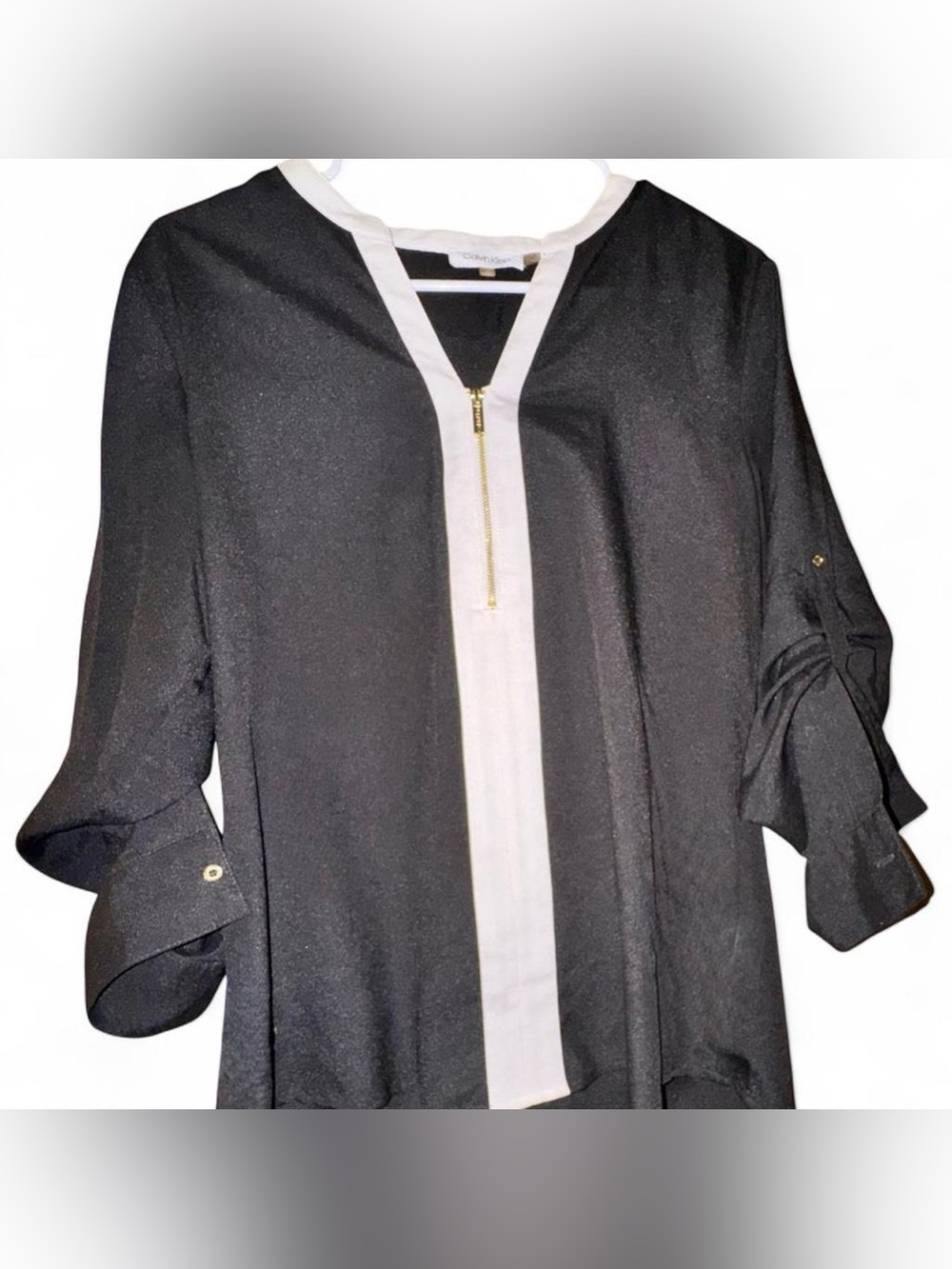 Calvin Klein Black Blouse Jacket with White Trim and Gold Zip